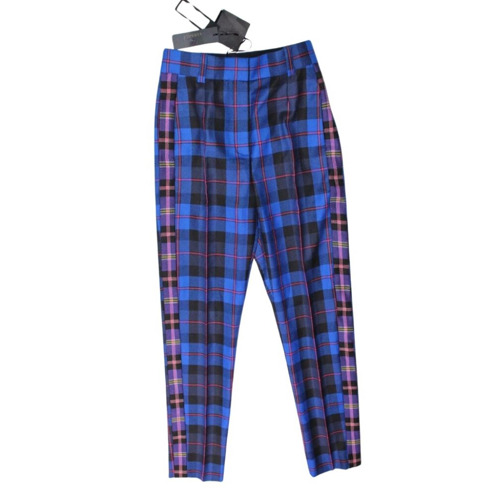 NWT Versace Women's Blue Rattan Plaid Wool Pants High waisted Size 40 IT 2018 FW